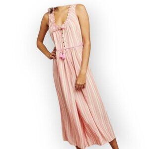 Anthropologie Visayas Boho Striped Jumpsuit Medium Orange Ruffle Neck Tie Detail